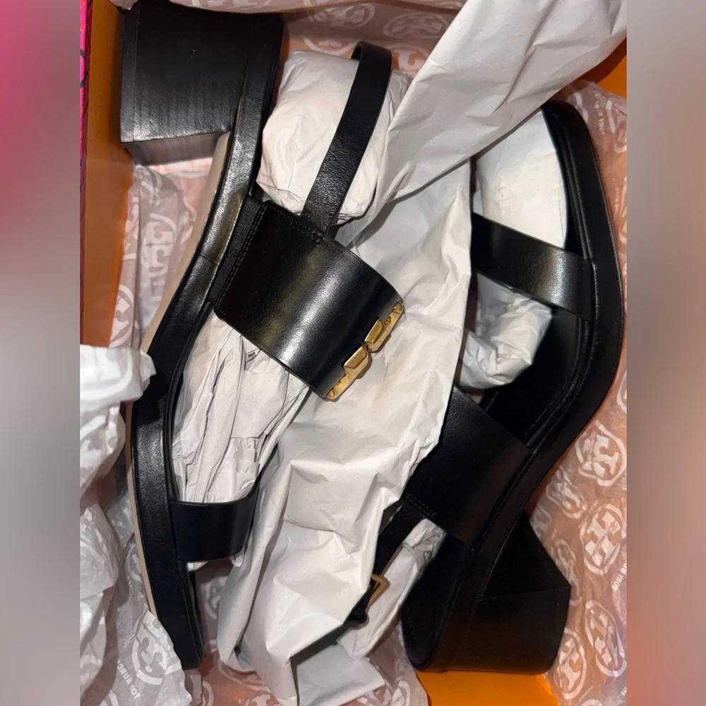 New in box Tory Burch ELEANOR HEEL SANDAL 55MM LEATHER size 11 black / GOLD 200